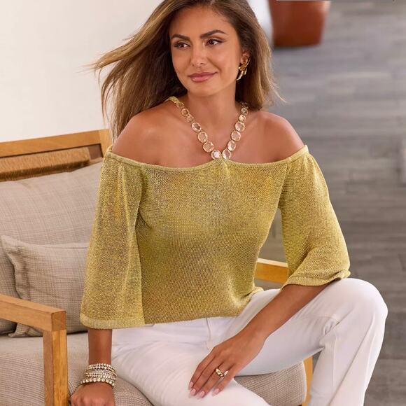 Boston Proper Gold Metallic Cold Shoulder Embellished Sweater Size S/M Fits 6-12 - Picture 1 of 16